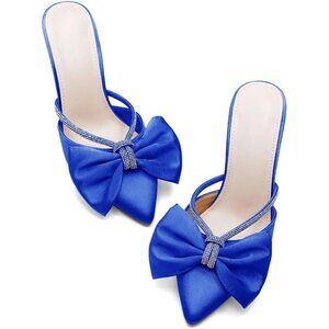 Blue Satin Bow Heels Womens Pointed Rhinestone Closed Toe Sandals Wedding Shoes